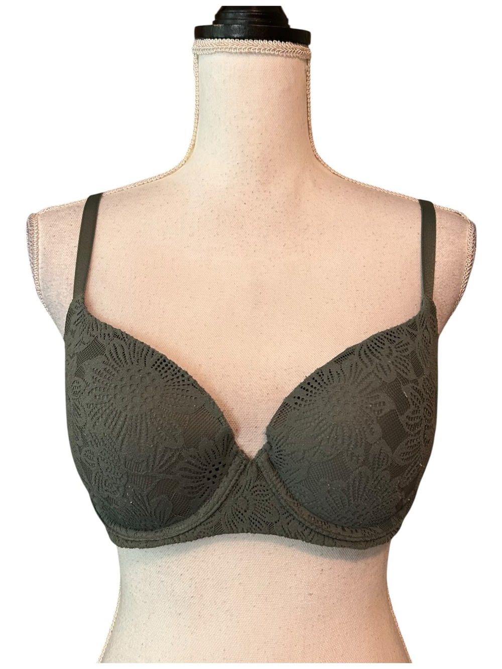 Aerie Real Good Sunnie Demi Lace Sunflower Pattern Bra SZ 36C in Olive Green